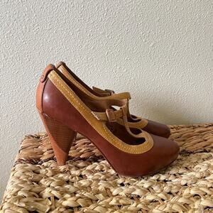 Y2K brown leather fossil T-strap mary jane heels | Size US 8.5
